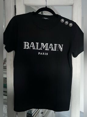 Balmain Black Tee with Silver Buttons